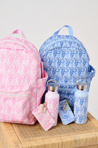 Introducing the Lovely Monkey Water Bottle from Roller Rabbit—a light blue bottle with a metal lid, adorned with a charming pattern of purple and blue cartoon monkeys and tiny white hearts. Designed to fit most cupholders, it's perfect for the gym or for on-the-go hydration.