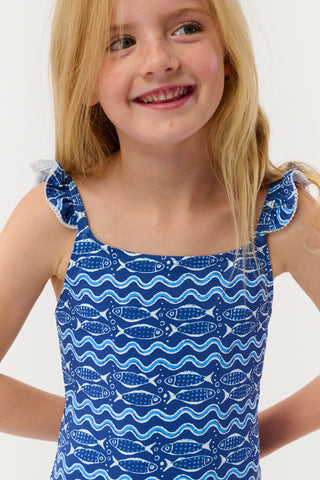 Roller Rabbit Navy Kids Fish Stripe Rory One Piece
