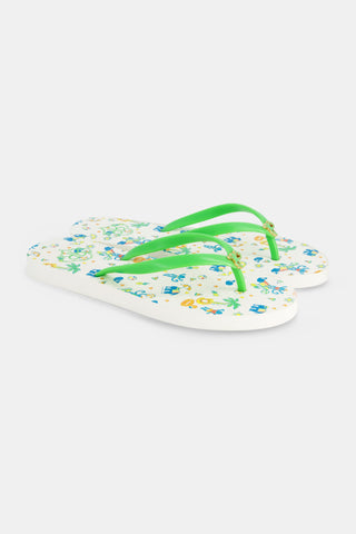 The Pool Party Flip Flops are white sandals with colorful straps and playful animal and nature-themed patterns on the footbeds, making them perfect for summer.