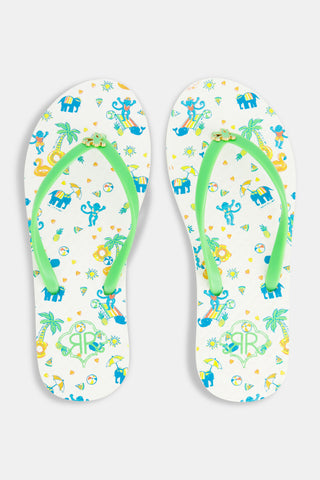 Pool Party Flip Flops: White kids' sandals with green and colorful straps, decorated with playful cartoon monkeys, elephants, palm trees, suns, and balls—fun summer footwear for little ones.