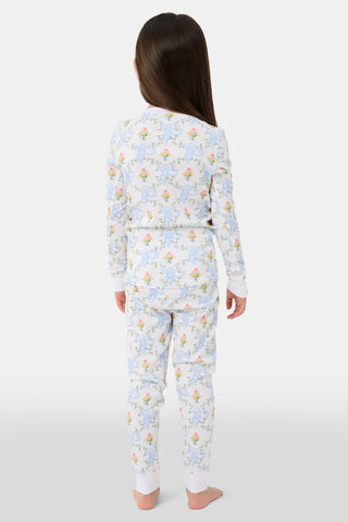 The Roller Rabbit Infant Floral Monkey Trellis Zipper Footie is a long-sleeved, footed onesie made from soft Pima cotton with a blue monkey floral trellis pattern and front diagonal zipper closure.