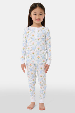 The Roller Rabbit Infant Floral Monkey Trellis Zipper Footie is a long-sleeved, footed onesie made from soft Pima cotton with a blue monkey floral trellis pattern and front diagonal zipper closure.
