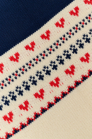 INKASIGN Fairisle Hearts Scarf in dark blue with a cream-colored border, crafted from cotton yarn and made in Peru.