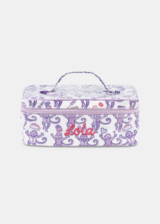 A person dressed in a purple robe adorned with a playful monkey pattern holds the STREET SMART Get Ready With Me Carry All Case—ideal as a makeup organizer or for storing your GRWM essentials—against a plain background.