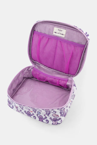 A person dressed in a purple robe adorned with a playful monkey pattern holds the STREET SMART Get Ready With Me Carry All Case—ideal as a makeup organizer or for storing your GRWM essentials—against a plain background.