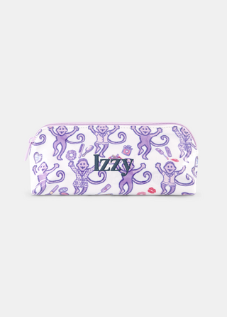 Introducing the STREET SMART Get Ready With Me Makeup Bag, featuring a whimsical white design adorned with playful purple monkeys holding bananas, lipstick, and shoes, surrounded by scattered lips and compact mirrors on a clean background.