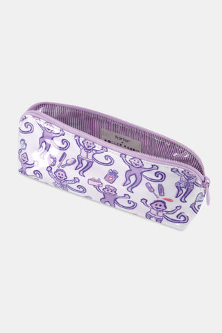 Introducing the STREET SMART Get Ready With Me Makeup Bag, featuring a whimsical white design adorned with playful purple monkeys holding bananas, lipstick, and shoes, surrounded by scattered lips and compact mirrors on a clean background.