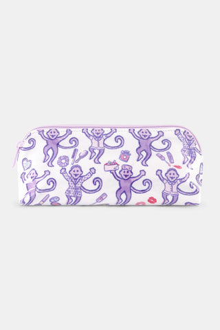 Introducing the tarte x Roller Rabbit Get Ready With Me Makeup Bag, featuring a whimsical white design adorned with playful purple monkeys holding bananas, lipstick, and shoes, surrounded by scattered lips and compact mirrors on a clean background.
