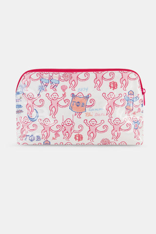 The Gamma Phi Beta Monkey Makeup Bag by Roller Rabbit is a white cotton canvas pouch, coated for durability and decorated with pink and blue cartoon monkeys, banners, and playful text throughout. It features a matching pink zipper and trim.