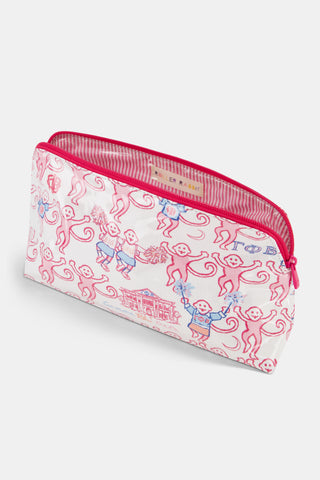 The Gamma Phi Beta Monkey Makeup Bag by Roller Rabbit is a white cotton canvas pouch, coated for durability and decorated with pink and blue cartoon monkeys, banners, and playful text throughout. It features a matching pink zipper and trim.