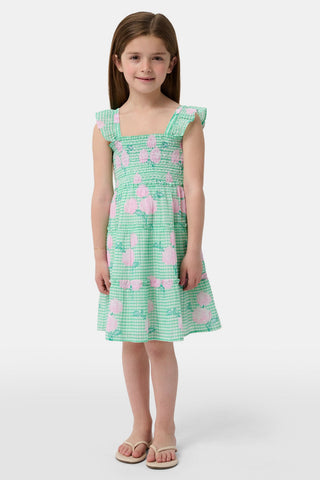 A young girl with straight brown hair smiles in the Roller Rabbit Kids Hydrangea Gingham Ceri Dress, featuring pink floral patterns and ruffled sleeves. She pairs it with white sandals and stands against a plain white background.