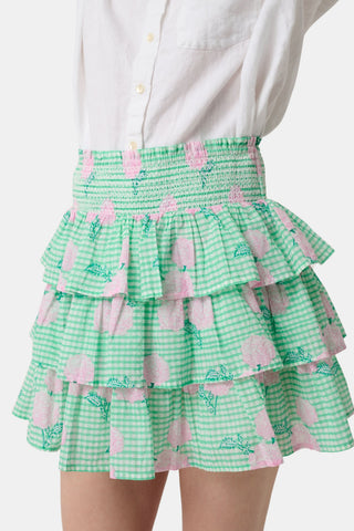 A person models the Roller Rabbit Hydrangea Gingham Siggy Skirt, featuring green and white checks with pink florals, paired with a tucked-in white shirt and red flat sandals. The image displays the skirt from waist to feet.