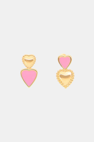 MADISON 501 Heart Drop Earrings consisting of two mismatched earrings, each featuring a textured gold-tone heart and a pink enamel heart.