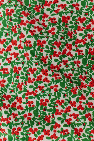 A Holly Berry Napkin Set Of 4 featuring a red berry and green leaf pattern with red-and-white striped borders.