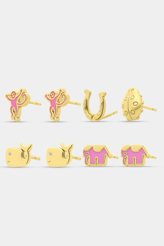 Eight pairs of playful stud earrings—including pink monkeys, gold horseshoes, gold eggs, gold whales, and pink elephants—make up the Icon Party Earring Pack by Roller Rabbit. Perfect for customizing your earscape, each pair is presented on a white card decorated with signature brand icons.