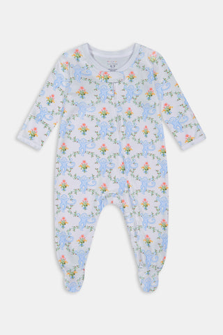 The Roller Rabbit Infant Floral Monkey Trellis Zipper Footie is a long-sleeved, footed onesie made from soft Pima cotton with a blue monkey floral trellis pattern and front diagonal zipper closure.