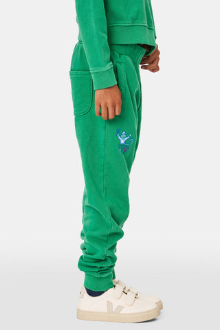 A young child faces forward in Roller Rabbit Kids Boston Monkey Sweatpants, paired with a matching green sweatshirt featuring playful graphics and white sneakers, set against a plain white background.