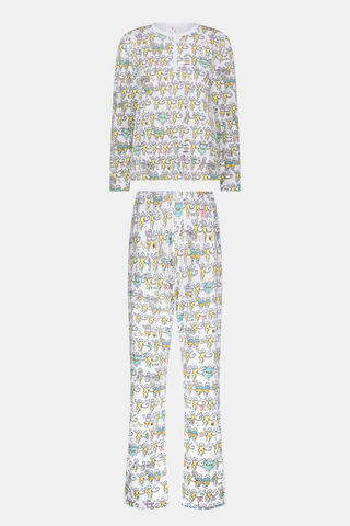 The Roller Rabbit Kappa Alpha Theta Monkey Pajamas set features a white, long-sleeved buttoned top and matching pants, both adorned with a vibrant all-over cartoon print of playful animal characters, including cheerful monkeys.
