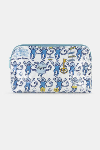 The Kappa Kappa Gamma Monkey Makeup Bag by Roller Rabbit features a white zippered design adorned with a lively pattern of blue monkeys, Greek letters, fleur-de-lis symbols, and musical notes. Some monkeys hold banners or symbols on the crisp white background, making this playful makeup bag a perfect accessory for Kappa Kappa Gamma members.