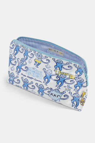 The Kappa Kappa Gamma Monkey Makeup Bag by Roller Rabbit features a white zippered design adorned with a lively pattern of blue monkeys, Greek letters, fleur-de-lis symbols, and musical notes. Some monkeys hold banners or symbols on the crisp white background, making this playful makeup bag a perfect accessory for Kappa Kappa Gamma members.