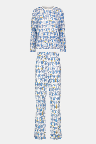 The Roller Rabbit Kappa Kappa Gamma Monkey Pajamas are a two-piece set with long sleeves and pants, showcasing an all-over blue and yellow monkey cartoon print on a white background, displayed on a flat white backdrop.