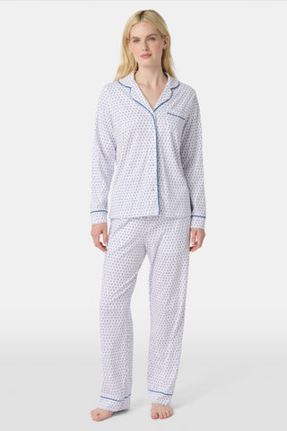 Pattern of small, evenly spaced blue and purple outline hearts on white with soft shadows—perfect for women’s Hearts Long Sleeve Polo Pajamas or a cozy lavender heart print pajama set.