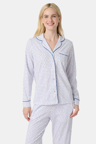 Pattern of small, evenly spaced blue and purple outline hearts on white with soft shadows—perfect for women’s Hearts Long Sleeve Polo Pajamas or a cozy lavender heart print pajama set.