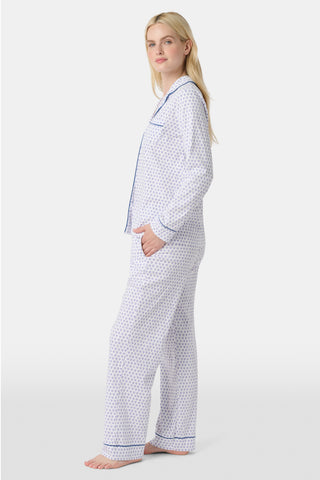 Pattern of small, evenly spaced blue and purple outline hearts on white with soft shadows—perfect for women’s Hearts Long Sleeve Polo Pajamas or a cozy lavender heart print pajama set.