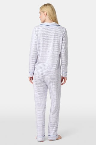 Pattern of small, evenly spaced blue and purple outline hearts on white with soft shadows—perfect for women’s Hearts Long Sleeve Polo Pajamas or a cozy lavender heart print pajama set.
