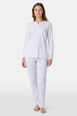 Pattern of small, evenly spaced blue and purple outline hearts on white with soft shadows—perfect for women’s Hearts Long Sleeve Polo Pajamas or a cozy lavender heart print pajama set.