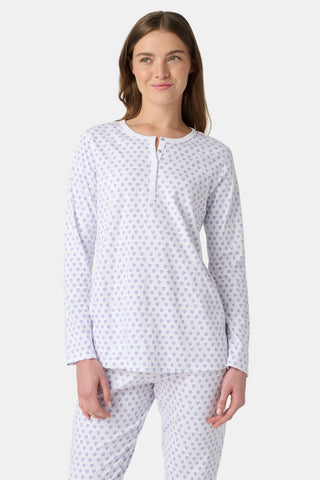 Pattern of small, evenly spaced blue and purple outline hearts on white with soft shadows—perfect for women’s Hearts Long Sleeve Polo Pajamas or a cozy lavender heart print pajama set.