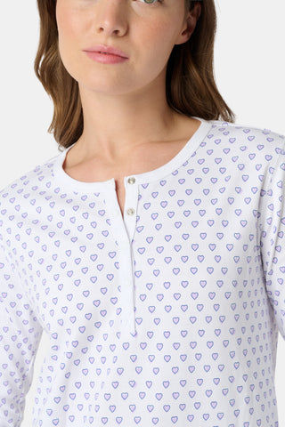 Pattern of small, evenly spaced blue and purple outline hearts on white with soft shadows—perfect for women’s Hearts Long Sleeve Polo Pajamas or a cozy lavender heart print pajama set.