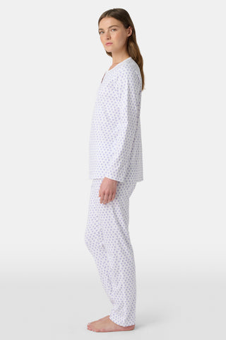 Pattern of small, evenly spaced blue and purple outline hearts on white with soft shadows—perfect for women’s Hearts Long Sleeve Polo Pajamas or a cozy lavender heart print pajama set.