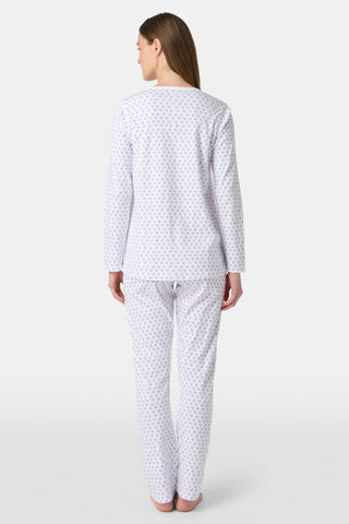 Pattern of small, evenly spaced blue and purple outline hearts on white with soft shadows—perfect for women’s Hearts Long Sleeve Polo Pajamas or a cozy lavender heart print pajama set.