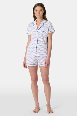 Pattern of small, evenly spaced blue and purple outline hearts on white with soft shadows—perfect for women’s Hearts Long Sleeve Polo Pajamas or a cozy lavender heart print pajama set.