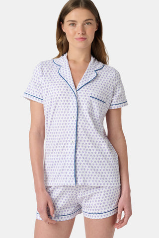 Pattern of small, evenly spaced blue and purple outline hearts on white with soft shadows—perfect for women’s Hearts Long Sleeve Polo Pajamas or a cozy lavender heart print pajama set.