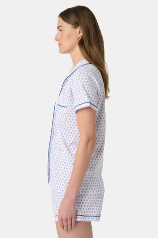 Pattern of small, evenly spaced blue and purple outline hearts on white with soft shadows—perfect for women’s Hearts Long Sleeve Polo Pajamas or a cozy lavender heart print pajama set.
