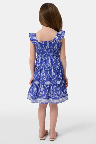 The Roller Rabbit Kids Lobster Trellis Ceri Dress features blue fabric with a white lobster and seaweed pattern, giving it a nautical vibe. The slightly wrinkled texture adds charm to this playful cotton summer dress.