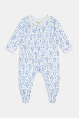 Dress your little one in the Roller Rabbit Infant Lovely Monkey Zipper Footie—a white baby onesie with long sleeves and covered feet, decorated with an all-over blue monkey print. Made from 100 cotton, this cozy footie pajama features a convenient zipper down the front for easy dressing.