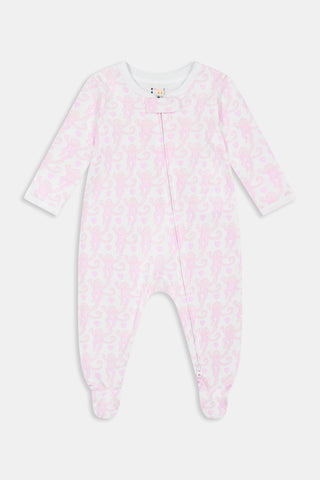 A long-sleeve, footed baby onesie made from 100 Pima cotton, featuring a lovely monkey pattern on a white background with a diagonal two-way zipper closure, from Roller Rabbit's Infant Lovely Monkey Zipper Footie collection.