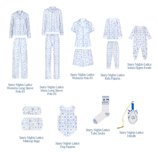 Collection of pajama sets and clothing items with 'Sugarplum Lattice' and 'Starry Nights Lattice' labels.