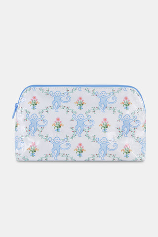 The Roller Rabbit Floral Monkey Trellis Makeup Bag is a limited edition white pouch with a light blue zipper, decorated with smiling blue monkeys and colorful flowers.