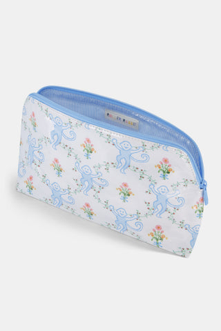 The Roller Rabbit Floral Monkey Trellis Makeup Bag is a limited edition white pouch with a light blue zipper, decorated with smiling blue monkeys and colorful flowers.