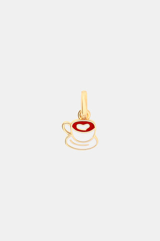 MADISON 501 Latte Charm shaped like a coffee cup and saucer with white enamel and a red heart-shaped detail.