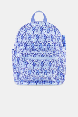 The Roller Rabbit Lovely Monkey Backpack for kids features a playful pattern of monkeys in various poses, a front pocket, and pink zippers set against a light background.