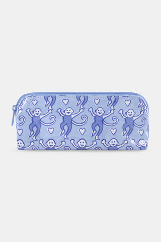Introducing the Lovely Monkey Makeup Bag by Roller Rabbit—a light purple pouch crafted from water-resistant cotton canvas, adorned with a repeating pattern of playful blue monkeys and small hearts on a crisp white background, artfully presented against a plain white surface.
