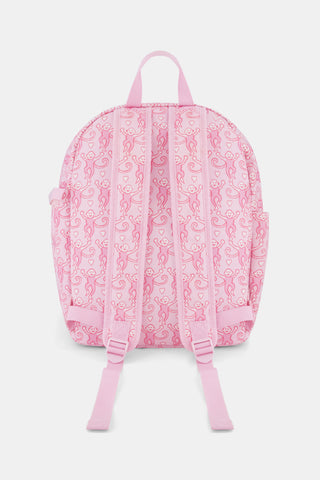 Introducing the Lovely Monkey Backpack by Roller Rabbit, showcasing a charming pattern of playful pink monkeys on a light pink background. Crafted from durable polyester, this backpack features a front zipper pocket, side pockets, and a top handle—all coordinated in matching pink hues.