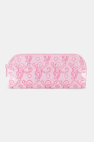 The Roller Rabbit Lovely Monkey Makeup Bag is a pink zippered pouch adorned with playful red monkeys and small hearts on a crisp white background.