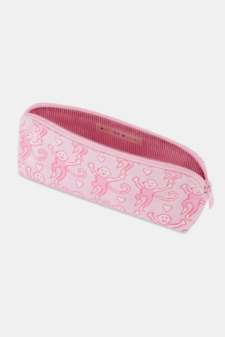The Roller Rabbit Lovely Monkey Makeup Bag is a pink zippered pouch adorned with playful red monkeys and small hearts on a crisp white background.