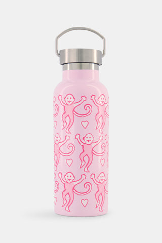 Introducing the Lovely Monkey Water Bottle by Roller Rabbit—a pink stainless steel bottle with a silver cap, featuring a charming repeating pattern of pink monkeys and hearts. Ideal for daily hydration or taking to the gym.